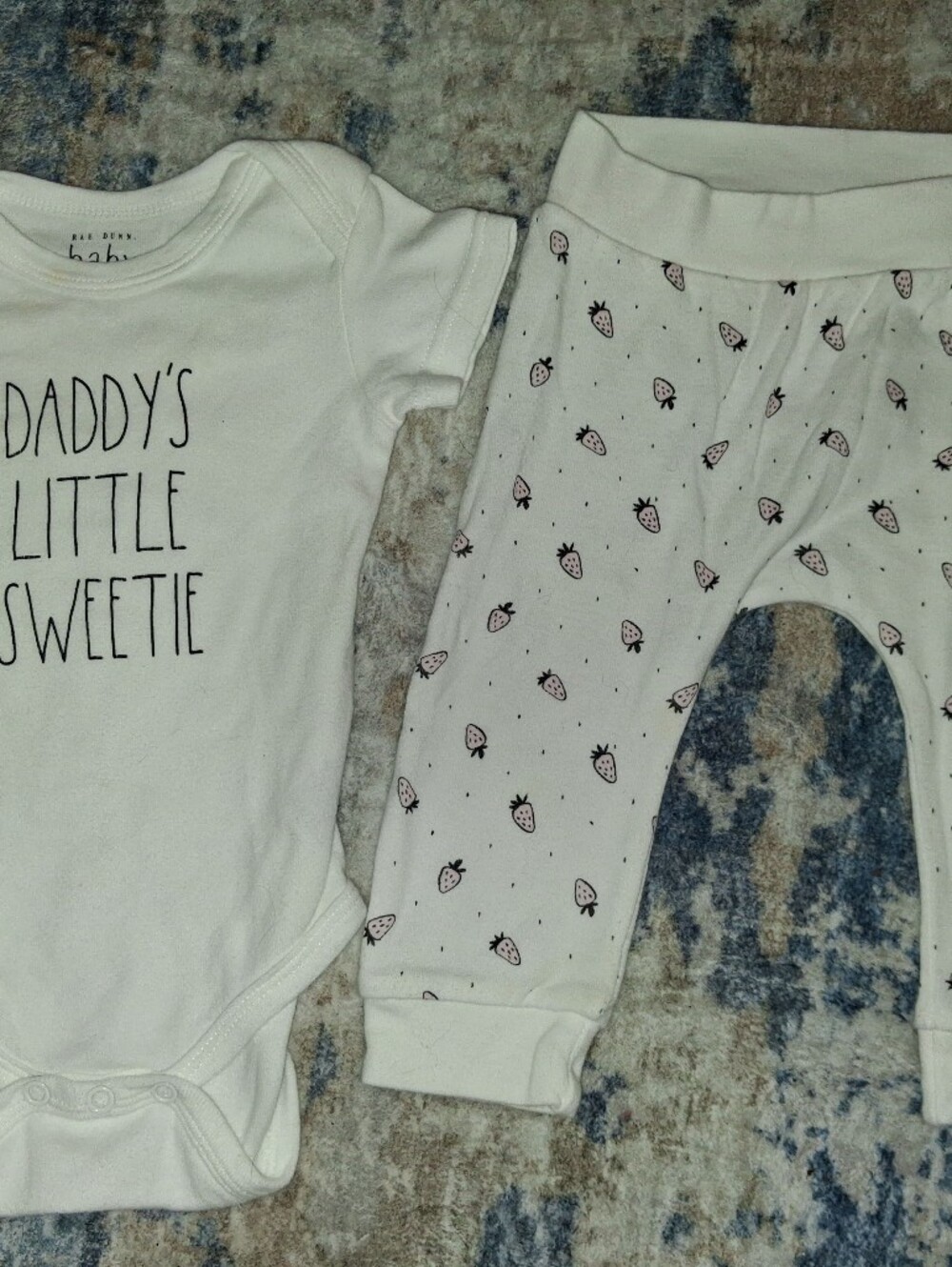 Rae Dunn Daddy's Little Sweetie White Baby One-Piece with Strawberry Pants -